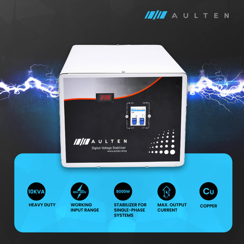 AULTEN COPPER Mainline Voltage Stabilizer for Home 10 KVA Heavy Duty  8000W 90V-300V AD015 (White) for Single Phase