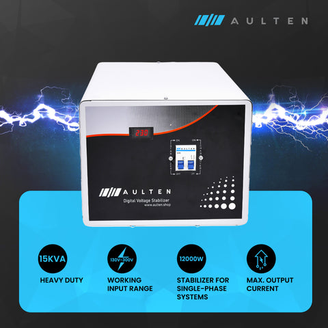 AULTEN Mainline Voltage Stabilizer for Home 15 KVA Heavy Duty 12000W 130V-300V AD027 (White) for Single Phase