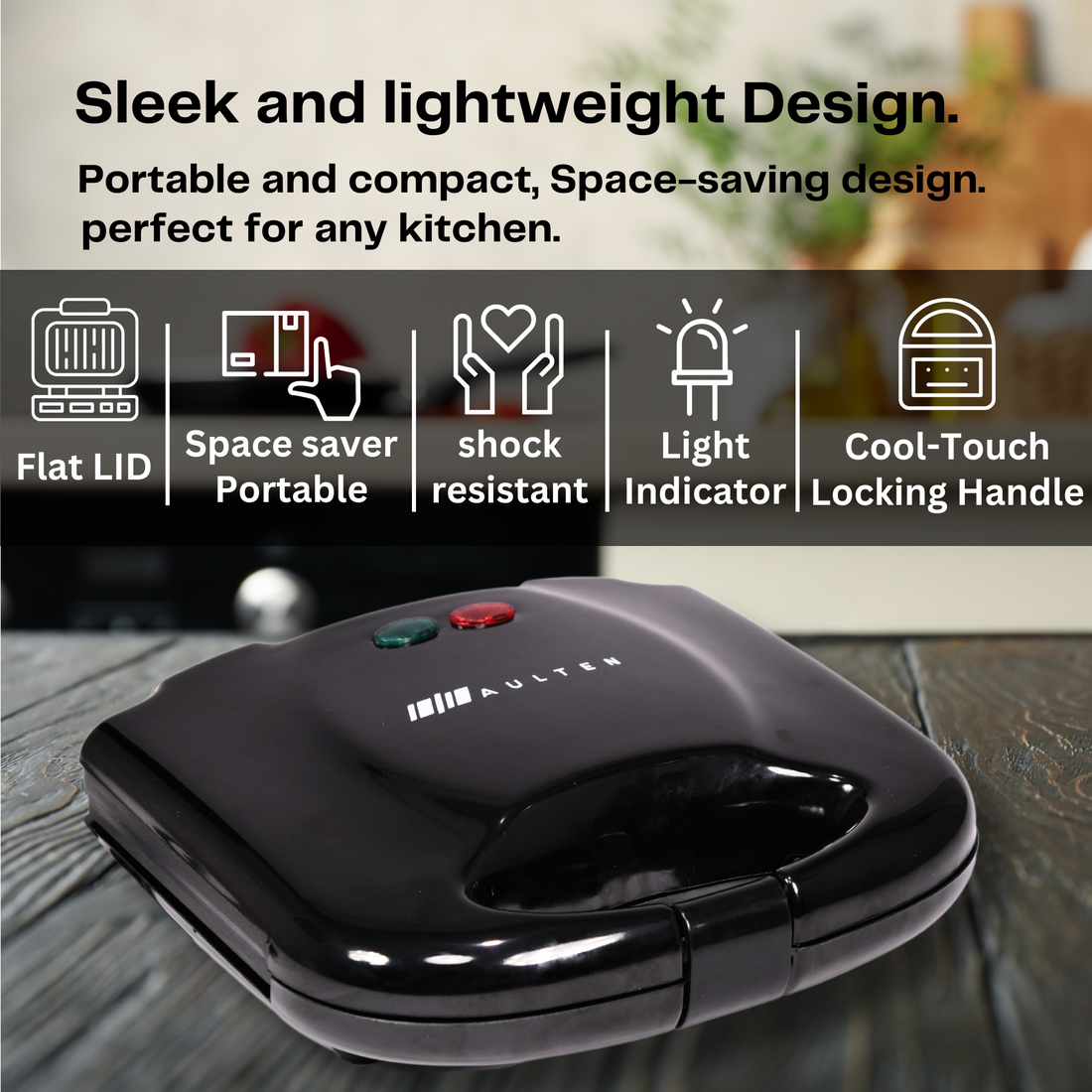 Aulten 750 Watt 4 Slice Sandwich Maker | Non Stick Coated Plates | 1 Year Warranty | Black