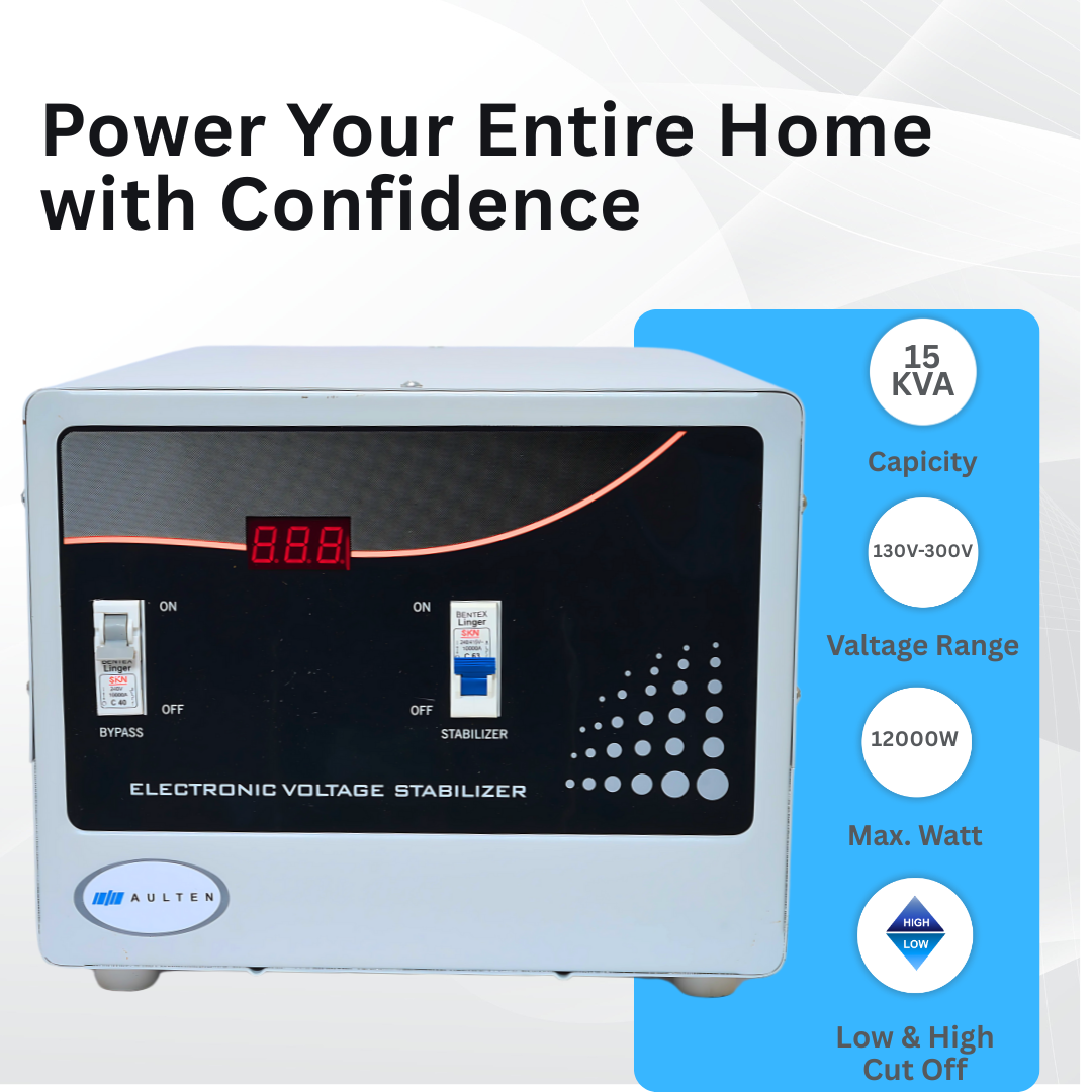 AULTEN Mainline Voltage Stabilizer for Home 15 KVA Heavy Duty 12000W 130V-300V AD027 (White) for Single Phase