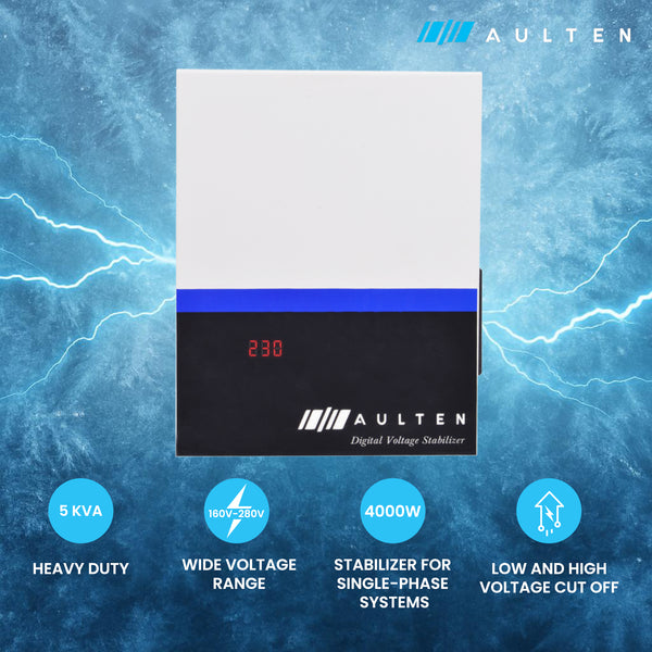 AULTEN Automatic Digital Voltage Stabilizer for Washing Machine, Microwave Oven and Treadmill 5000VA 4000W 160V-280V AD019 (White)