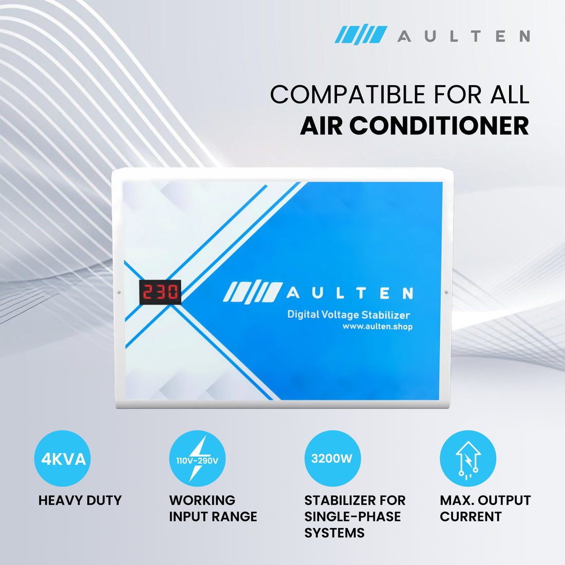 AULTEN Digital Voltage Stabilizer for AC Upto 0.8, 1.0, 1.5 Ton AC 4 KVA 3200W 110V-290V AD057 (White)