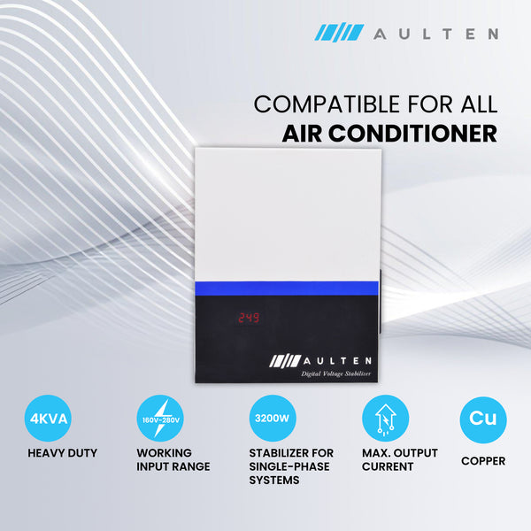 AULTEN Digital Copper Voltage Stabilizer for Inverter AC Upto 1.5 ton  4 KVA  3200W 160V-280V AD049 (White)