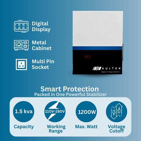 AULTEN Digital Multipurpose Voltage Stabilizer for Refrigerator and Deep Freezer 1.5 KVA 1200W 110V-280V AD030 (White)