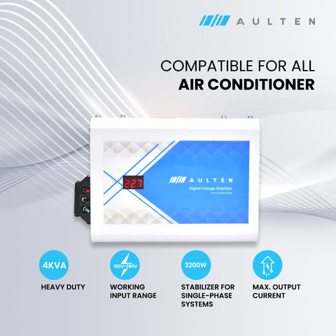 AULTEN Digital Voltage Stabilizer for AC Upto 0.8, 1.0, 1.5  Ton AC 4 KVA 3200W 150V-280V AD008 (White)