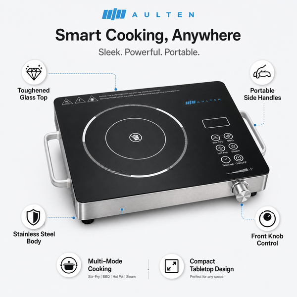 Aulten 2200W Portable Infrared Cooktop with Toughened Glass & Temperature Control Knob