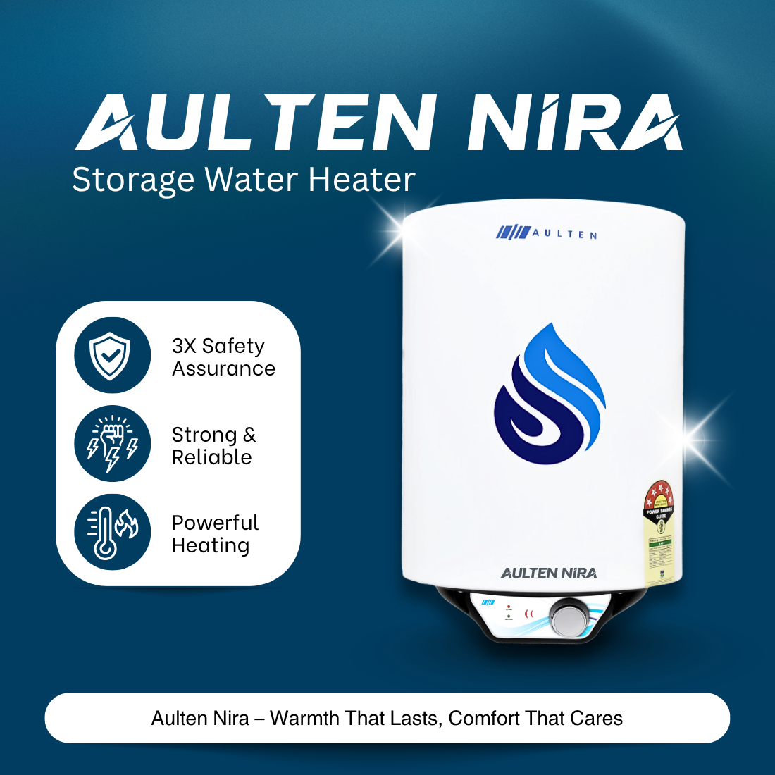 Aulten 25L 2000W Storage Water Heater (Geyser) with Glassline Tank, Copper Heating Element, 8 Bar Pressure and Triple Safety Shield(AD101)