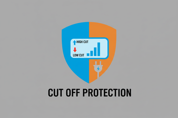 Create a flat vector cutoff protection icon with a shield shape in blue and orange. Inside, show a digital panel with an up blue arrow (HIGH CUT), down red arrow (LOW CUT), and a central voltage level bar. Add a plug icon and text “CUT OFF PROTECTION” below. Grey background, clean, modern, high-quality.