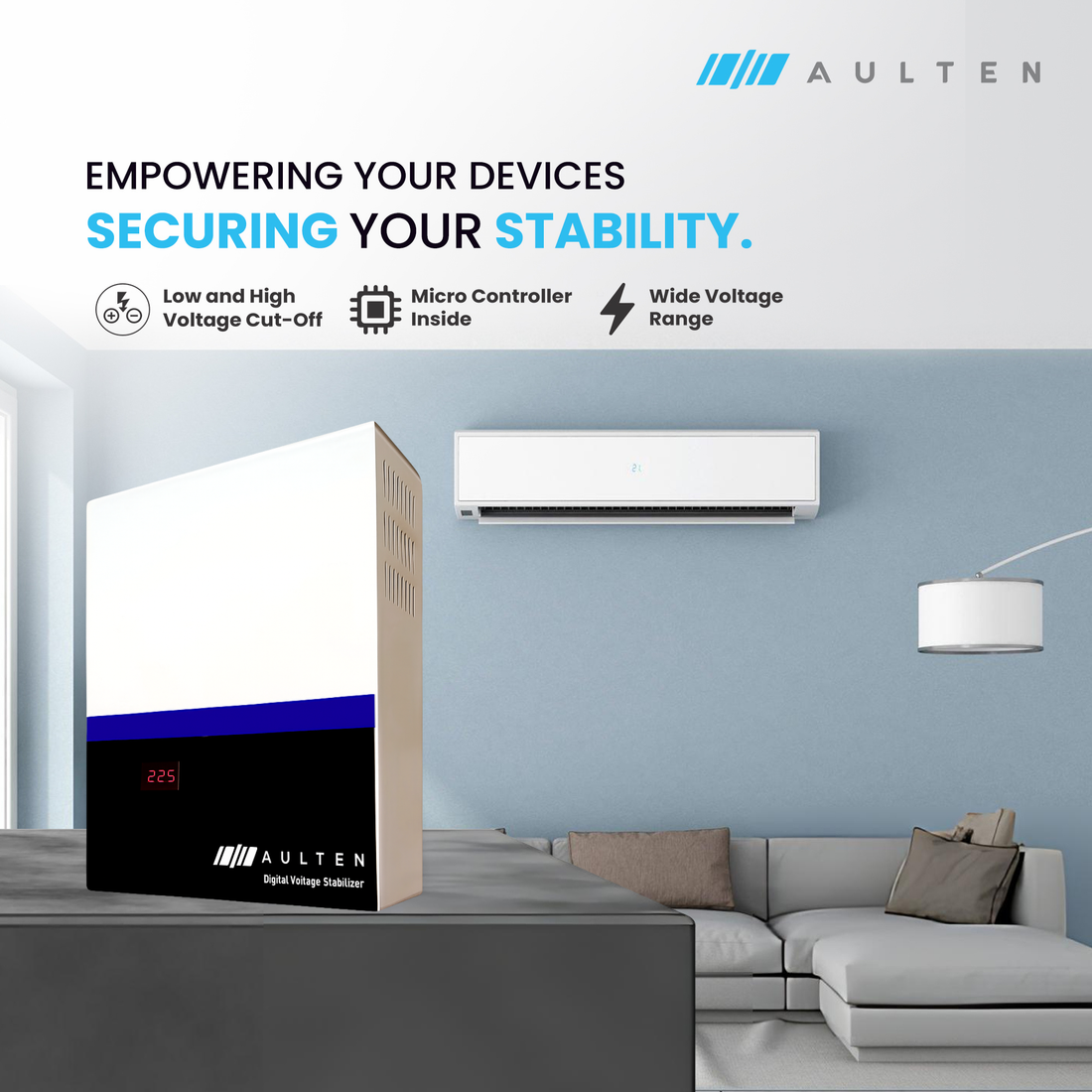 AULTEN Digital Copper Voltage Stabilizer for Inverter AC Upto 1.5 ton  4 KVA  3200W 160V-280V AD049 (White)